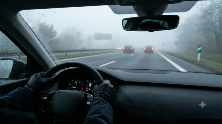 Obraz przedstawia perspektywę kierowcy prowadzącego samochód w trudnych warunkach atmosferycznych, najprawdopodobniej we mgle