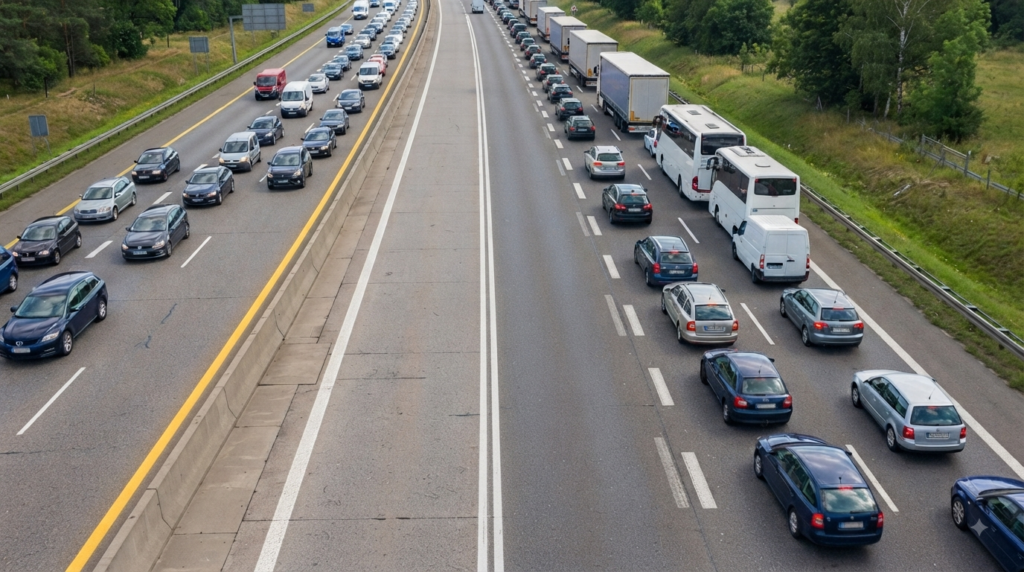 Grafika przedstawia widok z lotu ptaka na polską autostradę lub drogę ekspresową w warunkach dużego natężenia ruchu lub zatoru drogowego