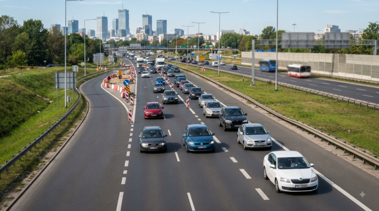 Obraz przedstawia realistyczną scenę na wielopasmowej drodze szybkiego ruchu w ciągu dnia, z widocznym w oddali zarysem miejskich budynków i szklanych wieżowców